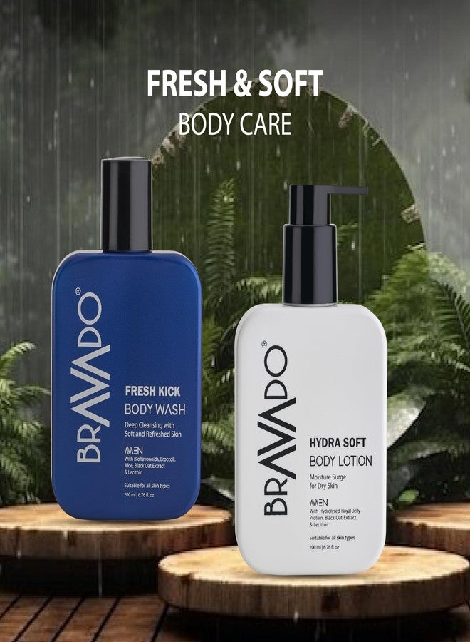 برافادو غسول الجسم BRAVADO Fresh Kick ولوشن الجسم Hydra Soft للرجال | عبوة ثنائية، 400 مل | غسول جسم منظف بعمق + لوشن مرطب مع عامل حماية من الشمس | مجموعة العناية اليومية المنعشة - Image 2