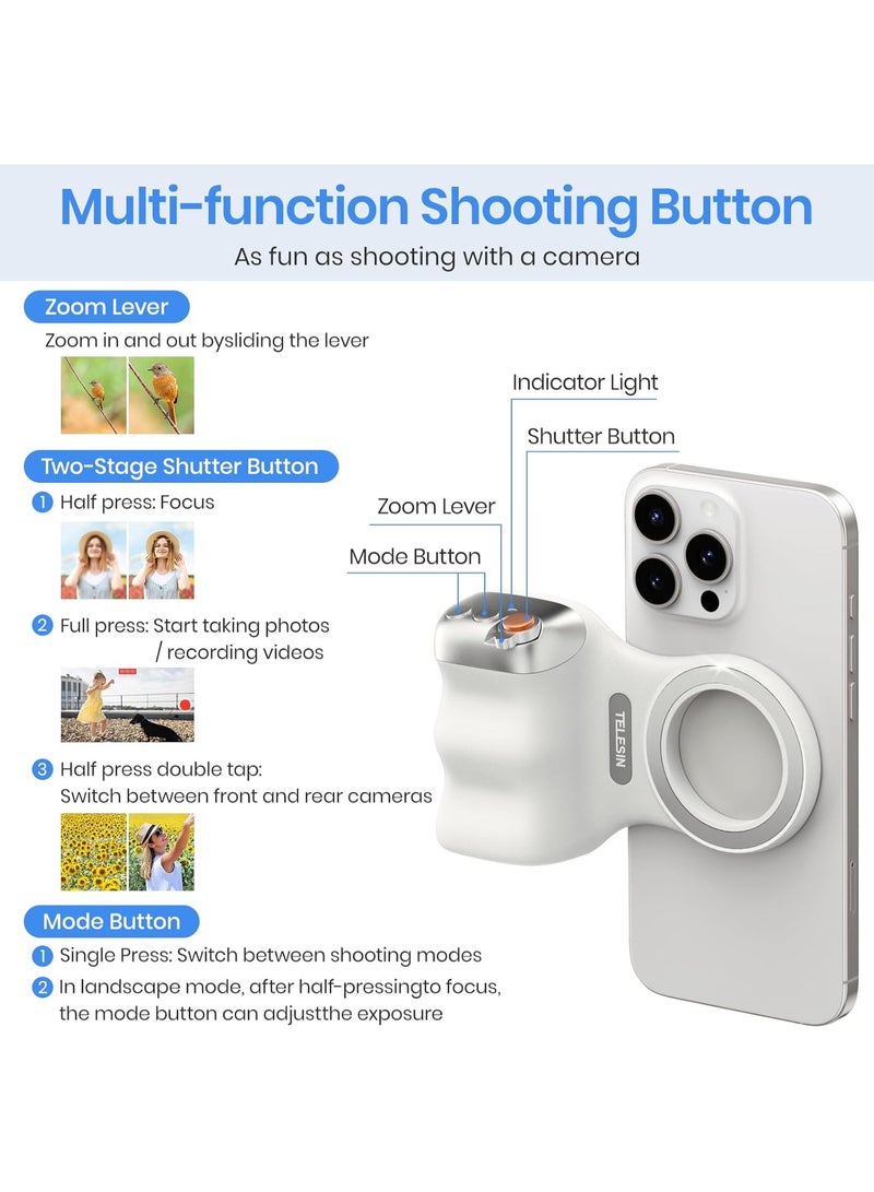 تيليسن TELESIN Fun Shot مقبض مصراع كاميرا هاتف مغناطيسي على طراز DSLR لأجهزة iPhone و Android مع زر مصراع لاسلكي قابل للفصل - برغي 1/4 بوصة - حامل مقبض كاميرا مريح ومريح - Image 3