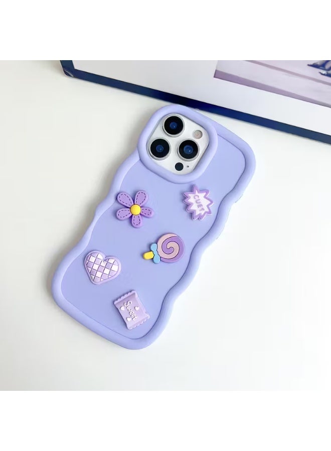 Temu A light purple silicone phone case with wavy edges, decorated with 3D motifs such as flowers, stars, lollipops, and hearts. It is shockproof and scratch-resistant, and compatible with the iPhone 13 Pro Max. - Image 1