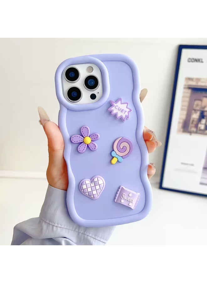 Temu A light purple silicone phone case with wavy edges, decorated with 3D motifs such as flowers, stars, lollipops, and hearts. It is shockproof and scratch-resistant, and compatible with the iPhone 13 Pro Max. - Image 2