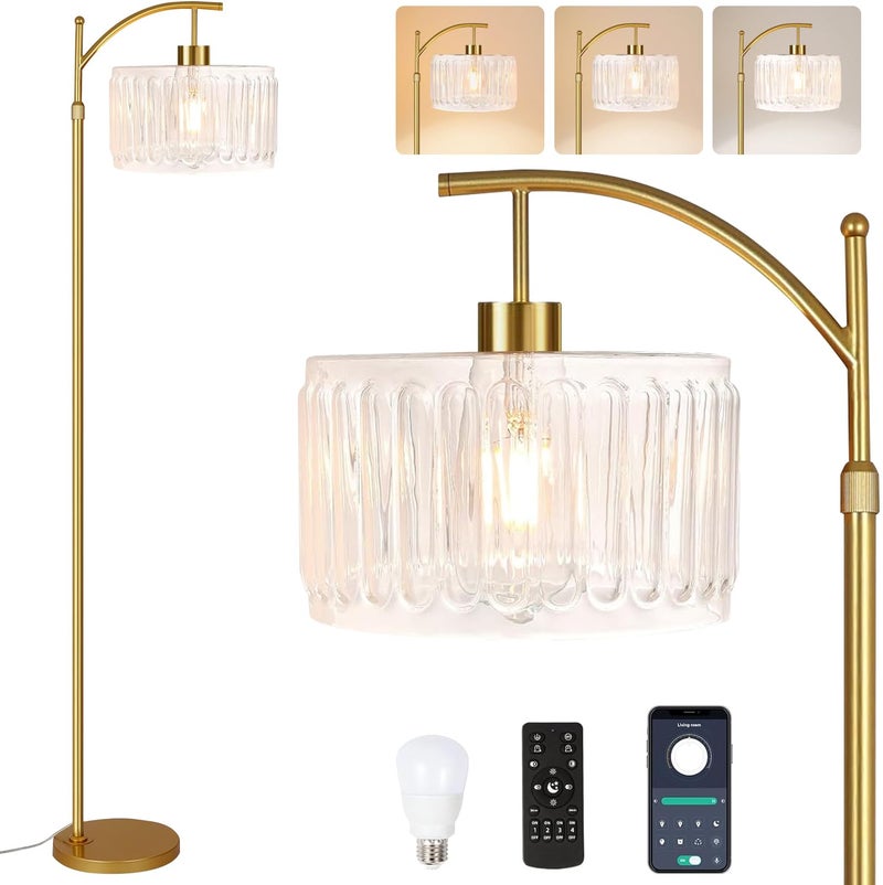 ILLMTW Glass Floor Lamp for Living Room,Bedroom,Gold Dimmable Standing Lamp with Remote,Brass White Tall Lamp Boho Mid Century Modern Floor Lamps Arc Floor Light Lamp Bohemian - Image 1