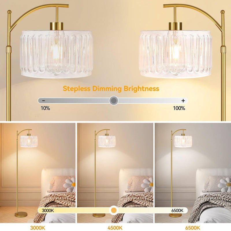 ILLMTW Glass Floor Lamp for Living Room,Bedroom,Gold Dimmable Standing Lamp with Remote,Brass White Tall Lamp Boho Mid Century Modern Floor Lamps Arc Floor Light Lamp Bohemian - Image 2
