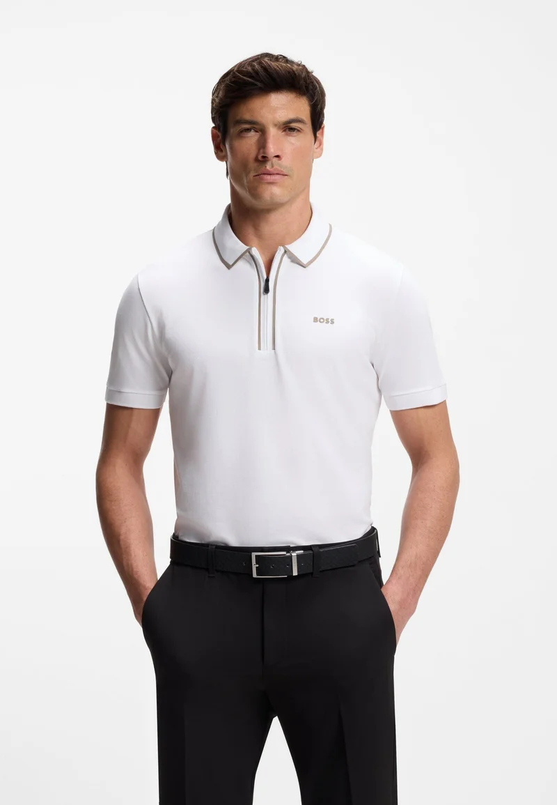 BOSS Stretch-cotton polo shirt with contrast stripes