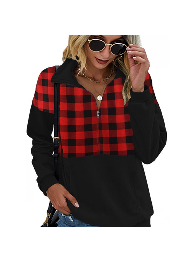 Export European And American Clothing Plaid Round Neck Red over Wide Casual Cotton Long-sleeved T-shirt
