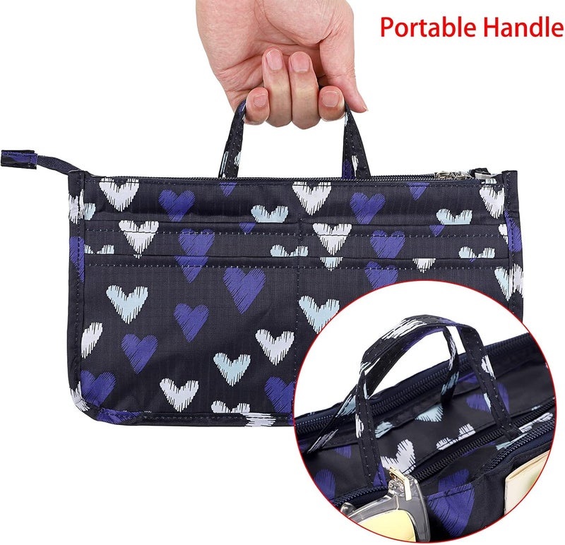 BTSKY Printing Handbag Organizers Inside Purse Insert - High Capacity 13 Pockets Bag Tote Organizer with Handle (Blue Heart) - Image 5
