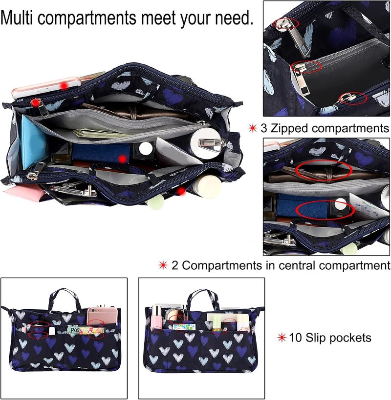 BTSKY Printing Handbag Organizers Inside Purse Insert - High Capacity 13 Pockets Bag Tote Organizer with Handle (Blue Heart) - Image 4