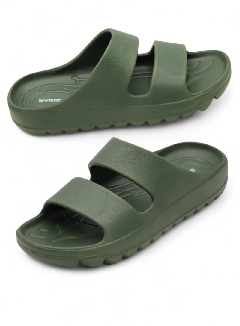 SVAAR Soft EVA Double Strap Slippers for Men | Stylish Anti-Skid Slides with Arch Support & Bouncy Sole | Lightweight Indoor Outdoor Comfort Olive Green - Image 1