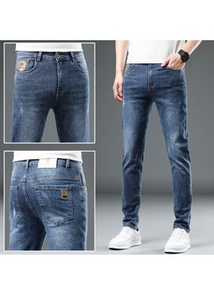 Xintang Jeans Mens Letters Print Trendy Brand Casual Pants Mens Four Seasons Versatile Slim fit Small Straight Pants Men 5857 Blue