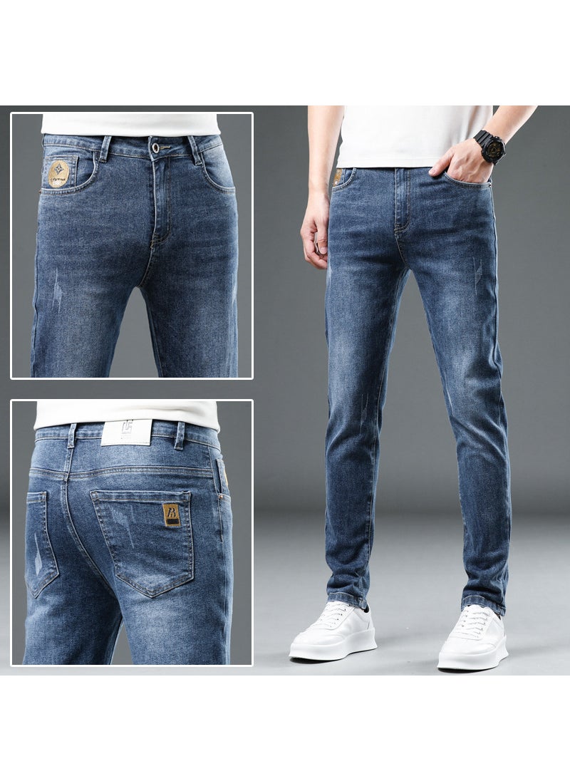 Generic - Xintang Jeans Mens Letters Print Trendy Brand Casual Pants Mens Four Seasons Versatile Slim fit Small Straight Pants Men 5857 Blue - Image 1
