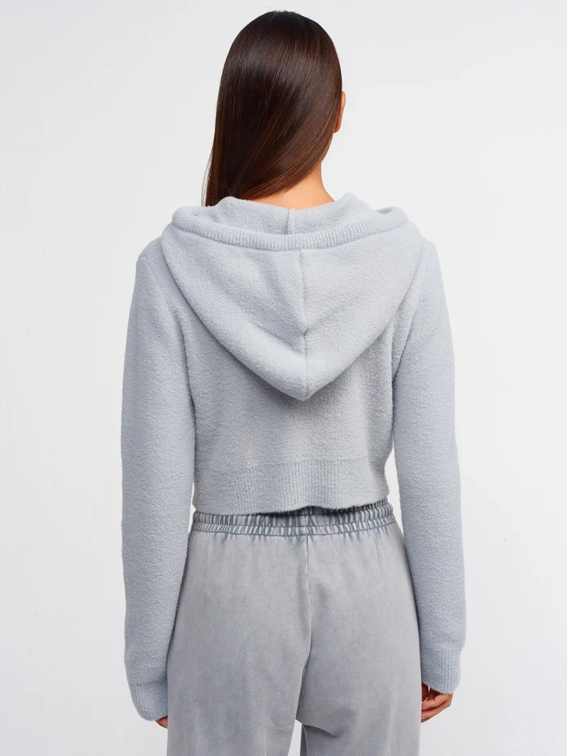 ديلفين 10486 Soft Textured Hooded Crop Sweater-Grey
