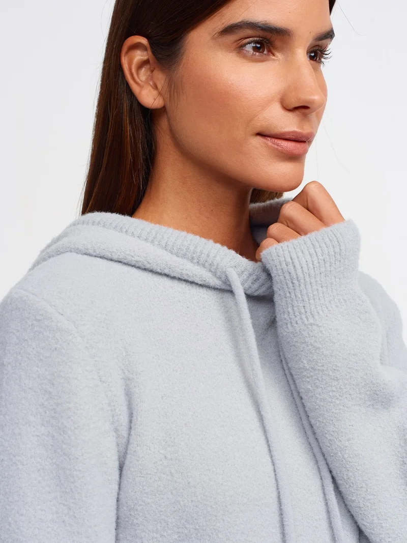 ديلفين 10486 Soft Textured Hooded Crop Sweater-Grey