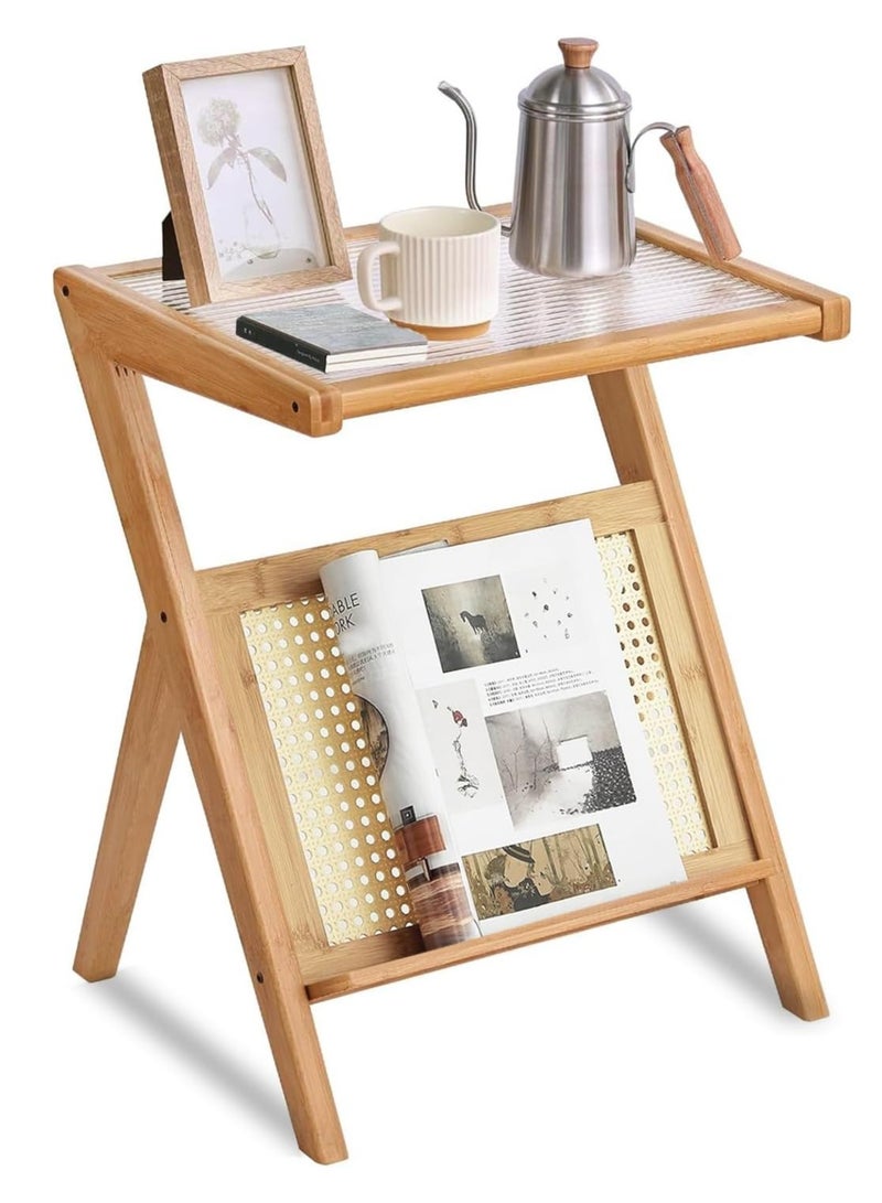 LINGWEI LINGWEI Rattan Side Table Glass Coffee Table for Small Space Boho Nightstand Bamboo Accent Bedside Tables with Storage for Living Room and Bedroom  - Image 5