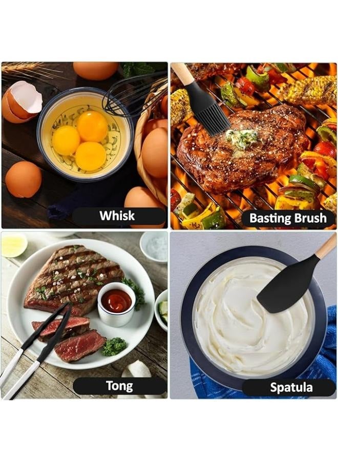 Plynox 12Pcs Silicone Kitchen Cooking Spatula Set with Holder, Wooden Handle Heat Resistant Cookware Utensils Set, Non-Stick Kitchen Tools for Baking & Cooking - Image 2