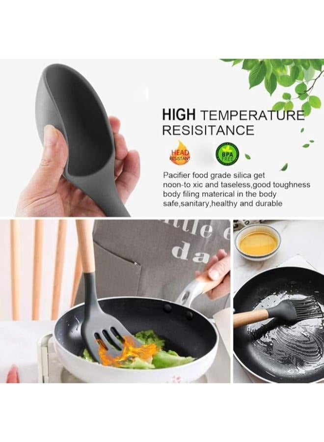 Plynox 12Pcs Silicone Kitchen Cooking Spatula Set with Holder, Wooden Handle Heat Resistant Cookware Utensils Set, Non-Stick Kitchen Tools for Baking & Cooking - Image 4