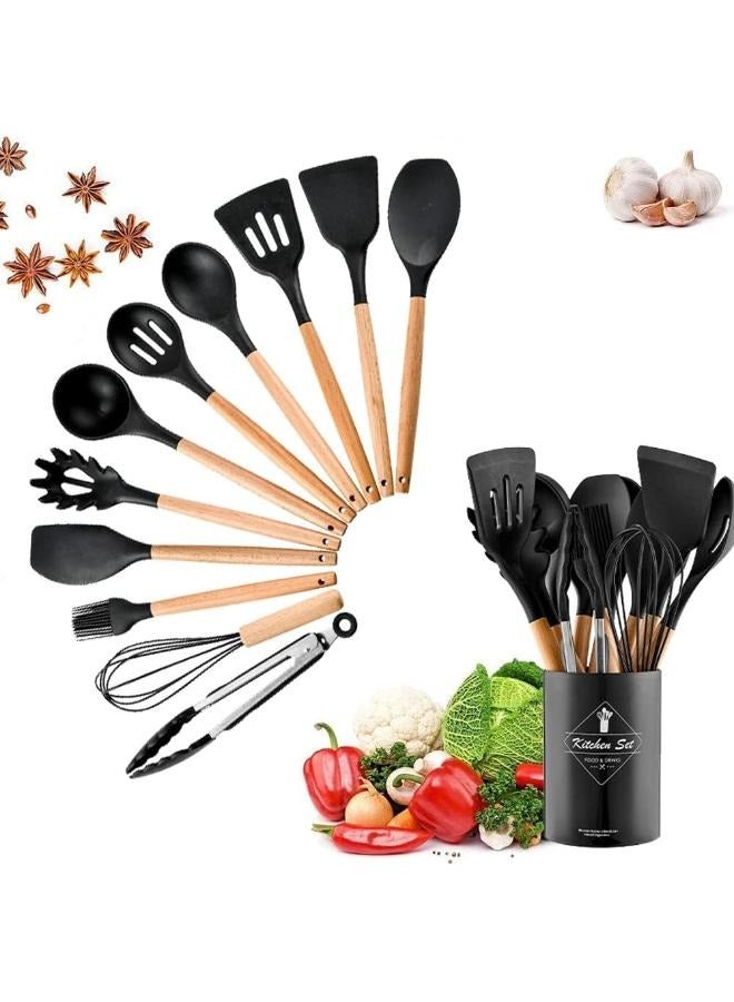Plynox 12Pcs Silicone Kitchen Cooking Spatula Set with Holder, Wooden Handle Heat Resistant Cookware Utensils Set, Non-Stick Kitchen Tools for Baking & Cooking - Image 1