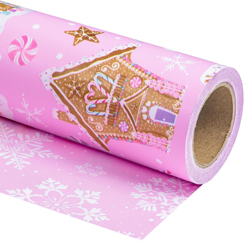 WRAPAHOLIC Reversible Gingerbread Christmas Wrapping Paper Mini Roll 17 Inch x 33 Feet Pink Gingerbread House and Snowflake with Embossed for Christmas Holiday Party Celebration