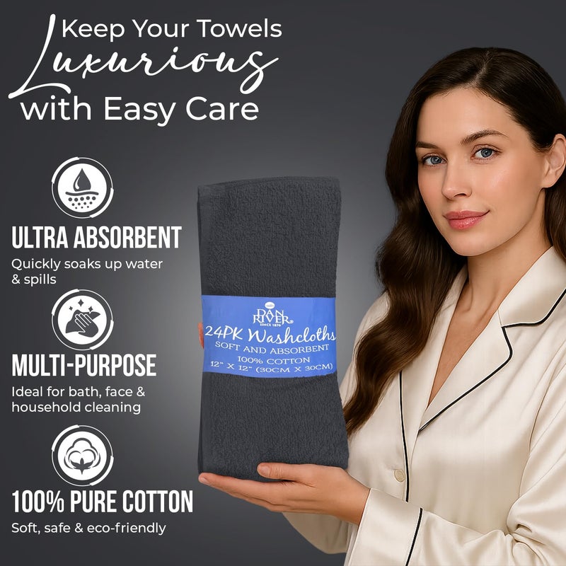 DAN RIVER 24 Pack Wash Cloths for Showering [12x12] - 100% Cotton Washcloths Premium Quality Flannel Face Cloths for Bathroom, Highly Absorbent and Soft Feel Wash Clothes, Charcoal - Image 4