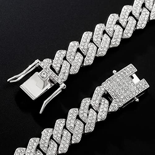 JUNVirtuous 2 Pieces Cuban Link Chain Mens Iced Out Miami Cuban Necklace and Bracelet Silver Bling Diamond Hip Hop Jewelry for Men and Women (Silver, 8" Bracelet and 20" Necklace) - Image 3