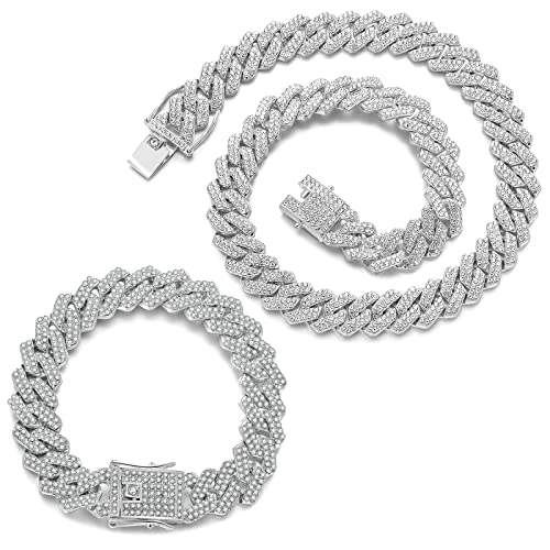 JUNVirtuous 2 Pieces Cuban Link Chain Mens Iced Out Miami Cuban Necklace and Bracelet Silver Bling Diamond Hip Hop Jewelry for Men and Women (Silver, 8" Bracelet and 20" Necklace) - Image 1