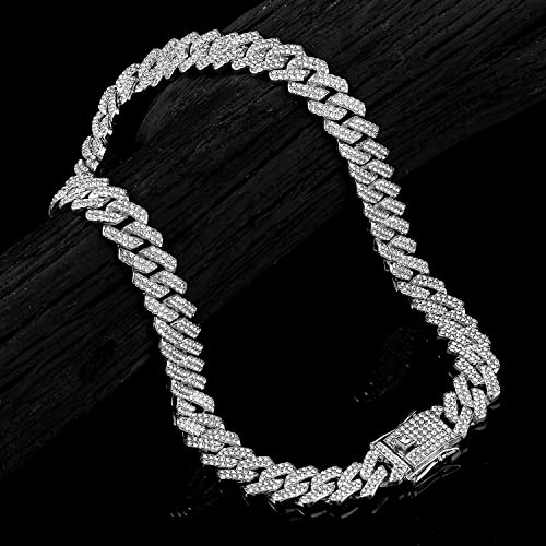 JUNVirtuous 2 Pieces Cuban Link Chain Mens Iced Out Miami Cuban Necklace and Bracelet Silver Bling Diamond Hip Hop Jewelry for Men and Women (Silver, 8" Bracelet and 20" Necklace) - Image 4