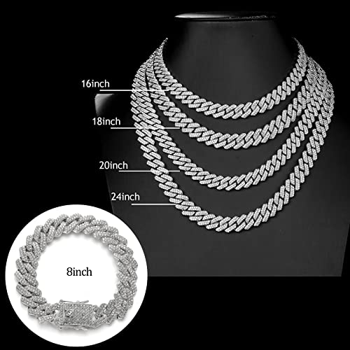 JUNVirtuous 2 Pieces Cuban Link Chain Mens Iced Out Miami Cuban Necklace and Bracelet Silver Bling Diamond Hip Hop Jewelry for Men and Women (Silver, 8" Bracelet and 20" Necklace) - Image 5