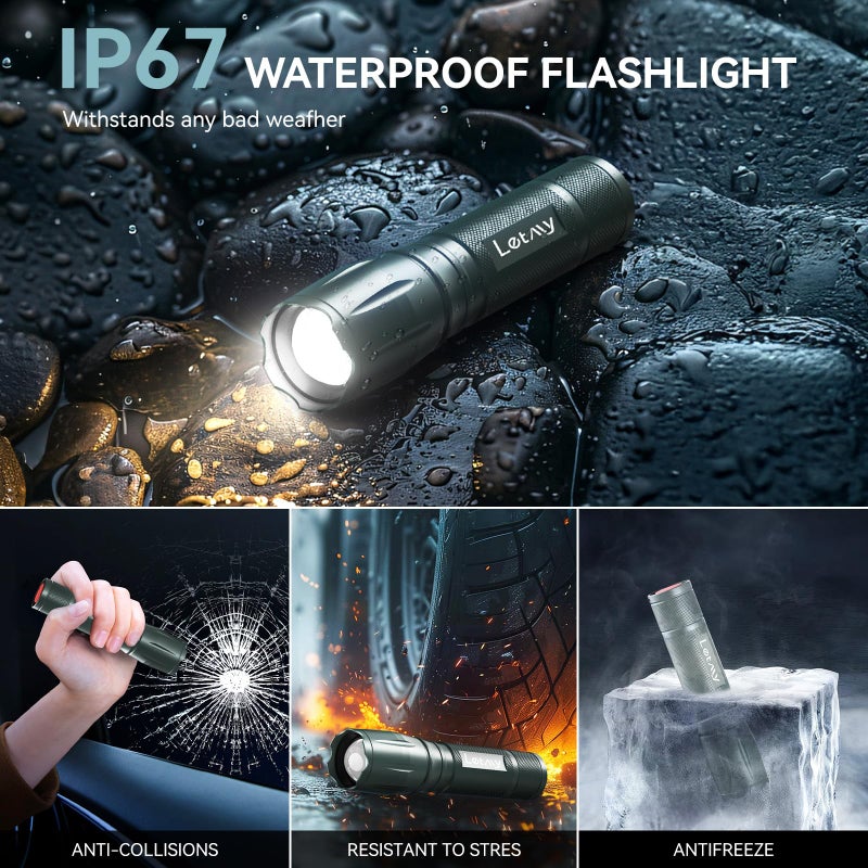 LETMY Tactical Flashlight - 2 Pack Bright Military Grade LED Flashlights High Lumens - Portable Handheld Flash Light, 5 Modes Zoomable Waterproof Flashlights for Home Emergency Camping- Gray - Image 5