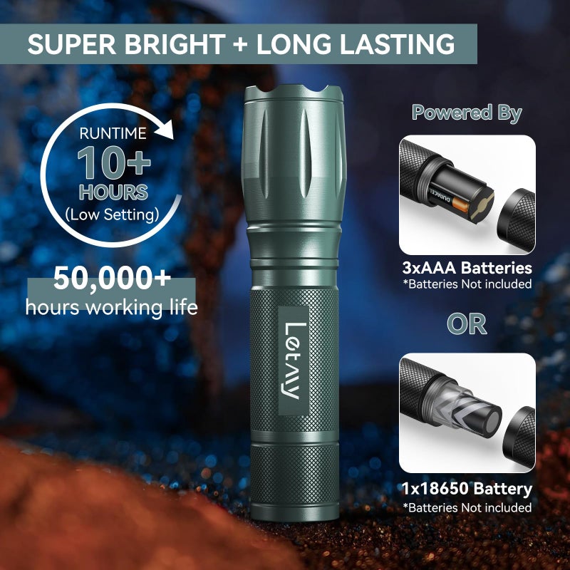 LETMY Tactical Flashlight - 2 Pack Bright Military Grade LED Flashlights High Lumens - Portable Handheld Flash Light, 5 Modes Zoomable Waterproof Flashlights for Home Emergency Camping- Gray - Image 3