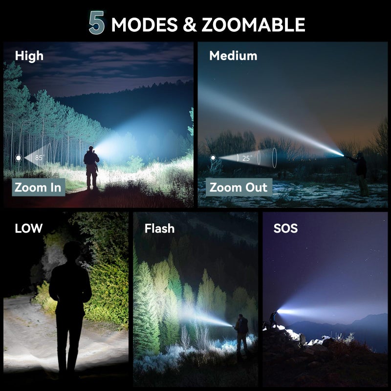 LETMY Tactical Flashlight - 2 Pack Bright Military Grade LED Flashlights High Lumens - Portable Handheld Flash Light, 5 Modes Zoomable Waterproof Flashlights for Home Emergency Camping- Gray - Image 4