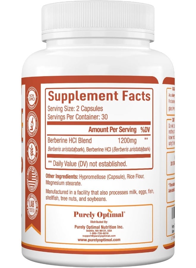 PURELY OPTIMAL Premium Berberine HCl 1200mg Gluten-free Blood Sugar Metabolism, Immune Function, Cardiovascular & Gastrointestinal Health Supplement - Image 2