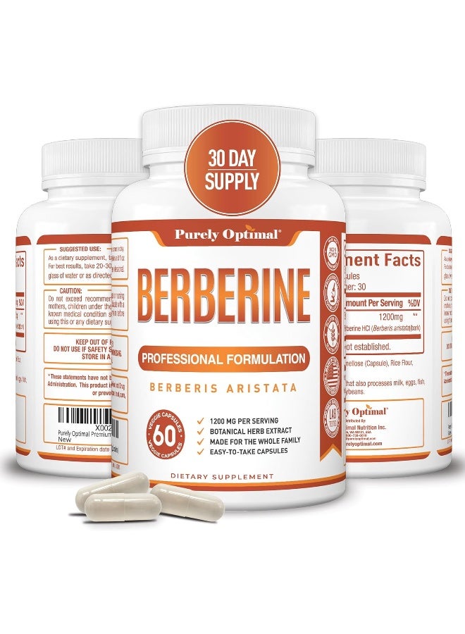 PURELY OPTIMAL Premium Berberine HCl 1200mg Gluten-free Blood Sugar Metabolism, Immune Function, Cardiovascular & Gastrointestinal Health Supplement - Image 1