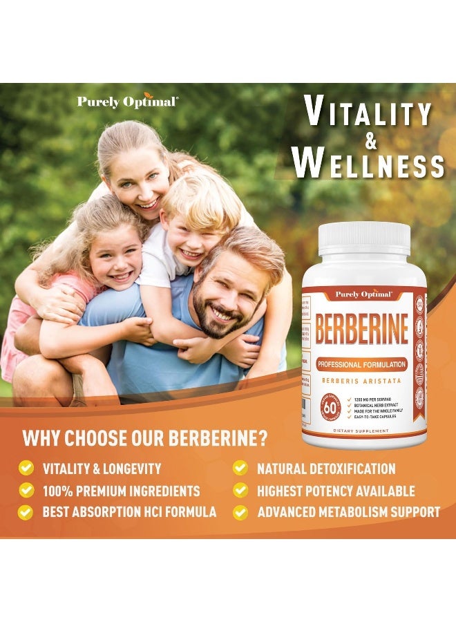 PURELY OPTIMAL Premium Berberine HCl 1200mg Gluten-free Blood Sugar Metabolism, Immune Function, Cardiovascular & Gastrointestinal Health Supplement - Image 4
