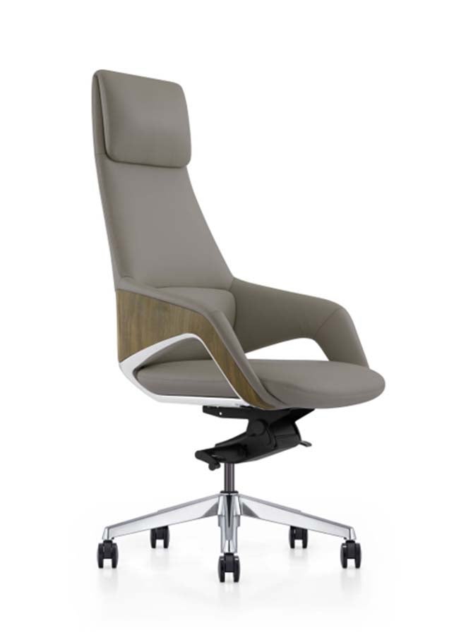 NEO FRONT FURNITURE High Back Office Chair – Premium Grey PU Eco Leather Executive CEO Chair with Wooden Steel Armrest, Height Adjustment, 360° Swivel, Wheels & Thick Cushion for Chairman Room, Manager & Reception Use ( FK005-A )