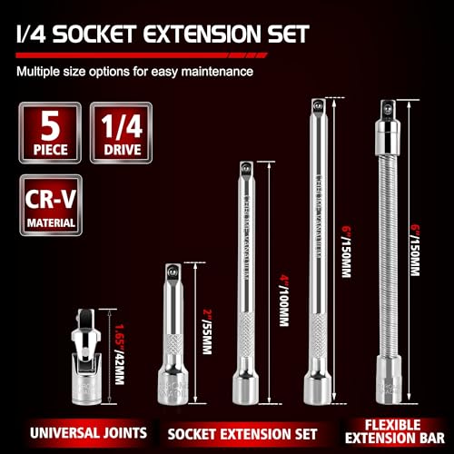GURADESIGN 5-Piece 1/4 Inch Drive Extension Bar Set, Includes 2, 4, and 6 Inch Extensions, 1/4 Inch Drive Universal Joint Socket and Flexible Socket Extension Bar - Image 2