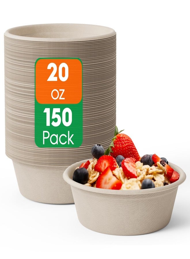 ECOLipak 20 OZ 150 Count Paper Bowls, Disposable Compostable Large Soup Bowl, Heavy Duty Bagasse Bowls for Family Lunch, Dinner Meals, Camping, Party - Image 1