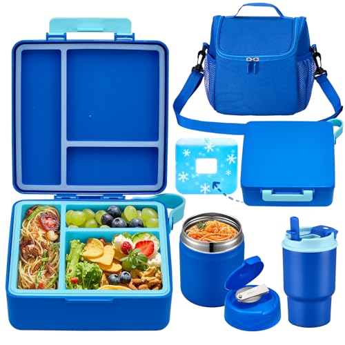 Howeemo Bento Lunch Box for Kids with 17oz Soup Thermo,Insulated Tumbler Water Bottle and Insulated Lunch Bag,Leak-Proof 3 Compartment Lunch Food Container with Ice Pack for Kids to School-Blue - Image 1