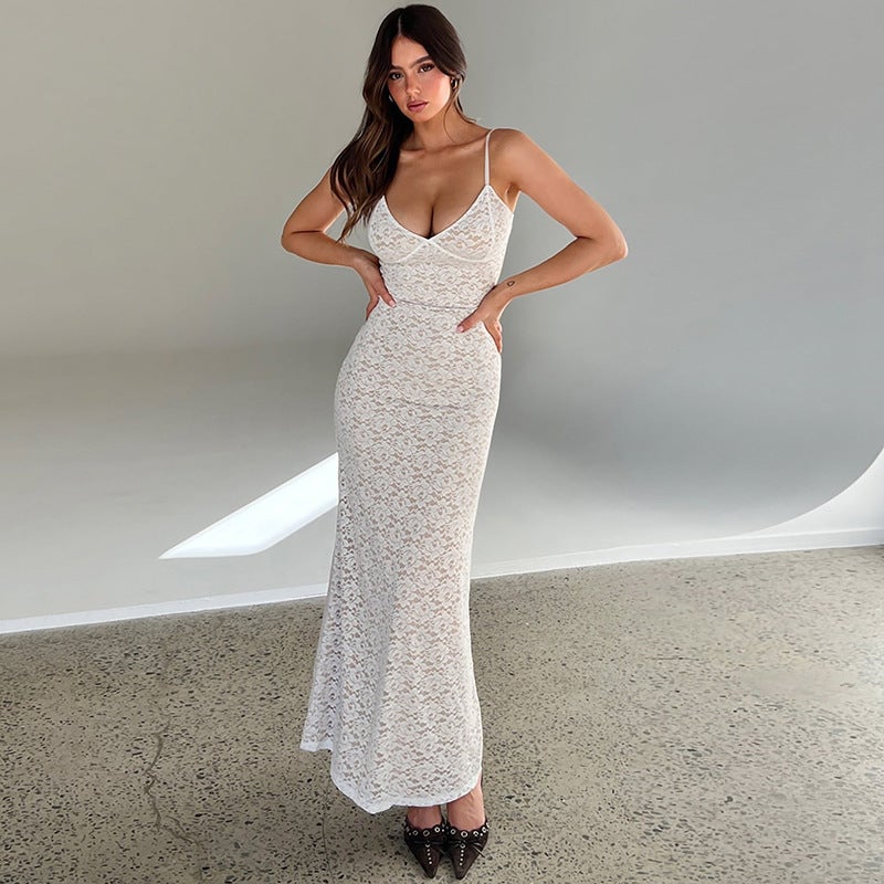Sexy V-Neck Fishtail Lace Party Dress White  - Image 1