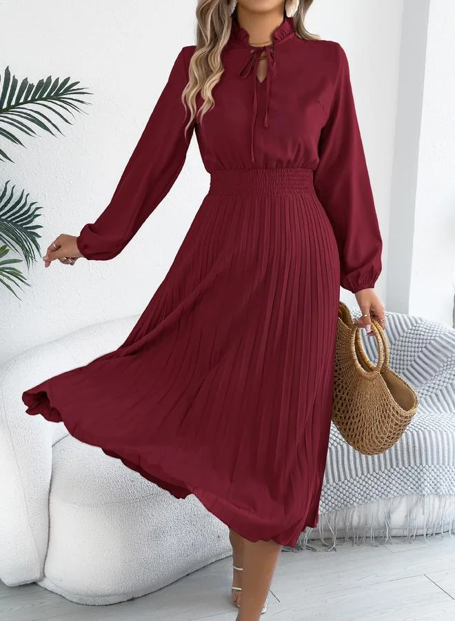 Take Two Burgundy Tie-Up Neck Pleated Midi Dress