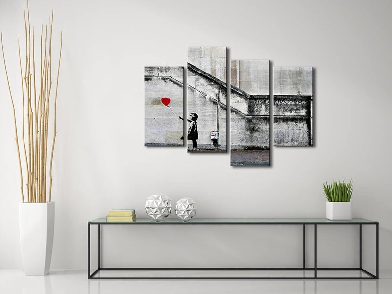 Pyradecor Banksy Grafitti Girl with Red Balloon Large 4 Panels Modern Stretched Canvas Prints Artwork - Image 3