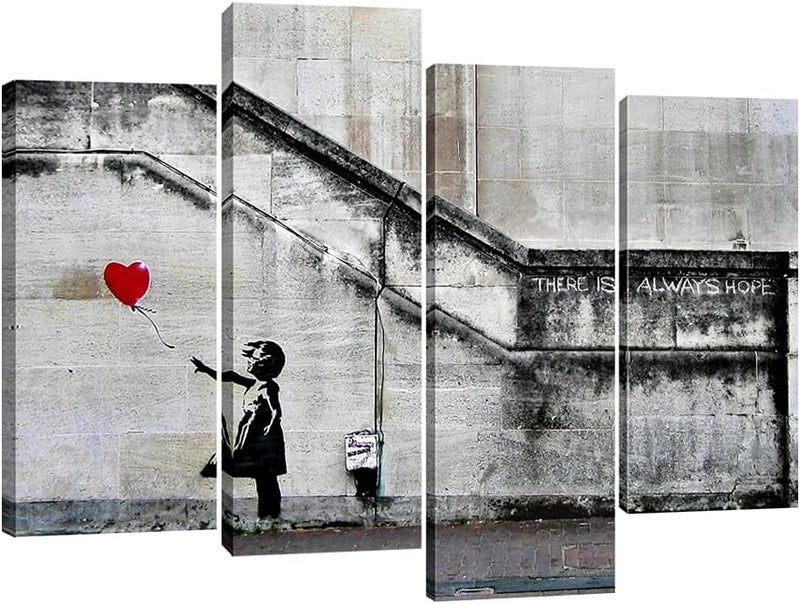 Pyradecor Banksy Grafitti Girl with Red Balloon Large 4 Panels Modern Stretched Canvas Prints Artwork - Image 1