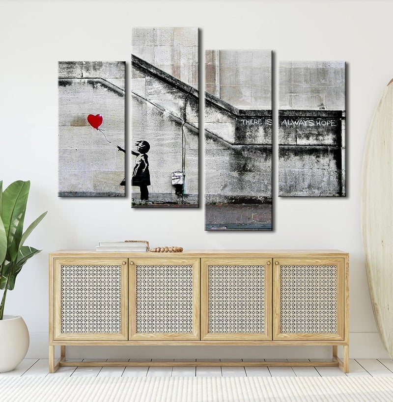 Pyradecor Banksy Grafitti Girl with Red Balloon Large 4 Panels Modern Stretched Canvas Prints Artwork - Image 5