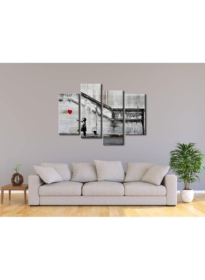 Pyradecor Banksy Grafitti Girl with Red Balloon Large 4 Panels Modern Stretched Canvas Prints Artwork - Image 4