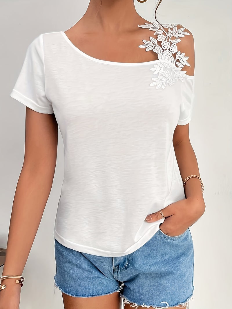Summer New Solid Color Patchwork Fashion Lace T-Shirt Women's Top