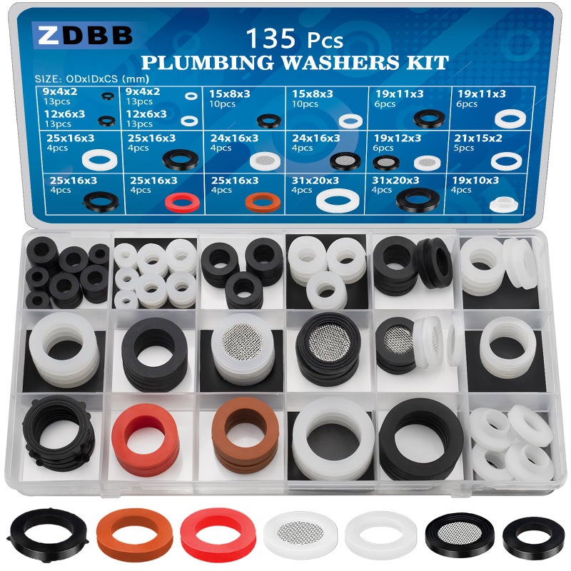 ZDBB 135 Pcs Flat Washer,Silicone and Nitrile Rubber Assortment Kit, Used for Faucet,Shower Head, Garden Hoses, Reusable Flat Washer O Rings - Image 1