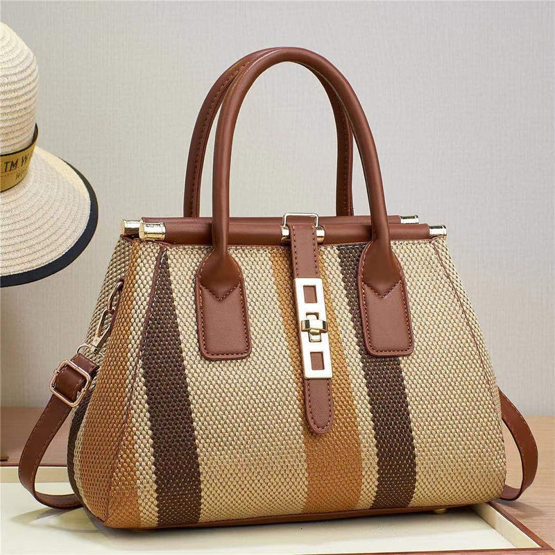 Jindian Tote Bag Fashion Portable Women'S Bag Woven Cloth Pu Combination Bag Niche Design Crossbody Bag - Image 2