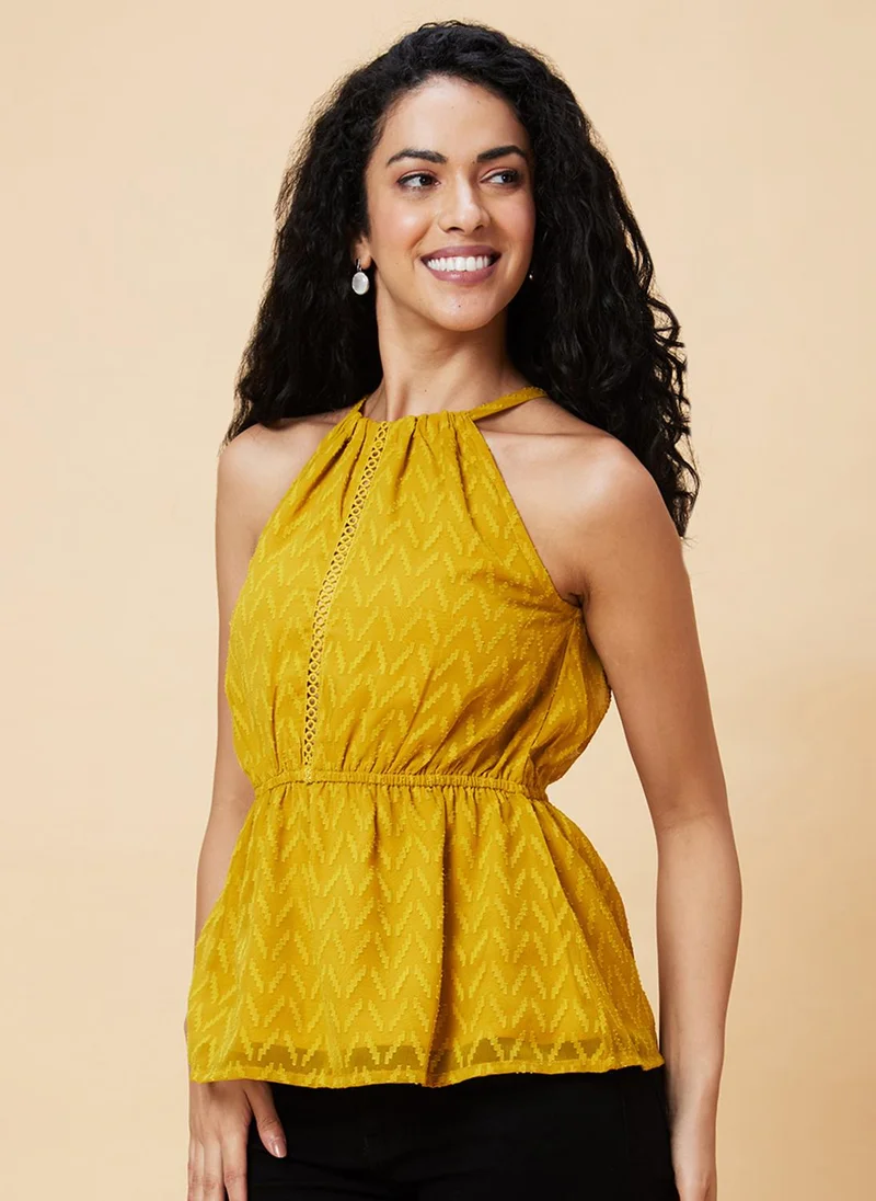 جلو باص بلوزة نسائية جلوبس بلون الخردل بتصميم ذاتي وياقة هالتر