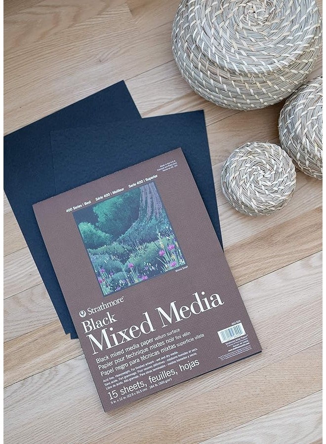 Strathmore 400 Series Mixed Media Paper Black Foldover Pad 9x12 inches 15 Sheets 184lb300g Artist Paper for Adults and Students Watercolor Gouache Graphite Ink Pencil Marker - Image 1