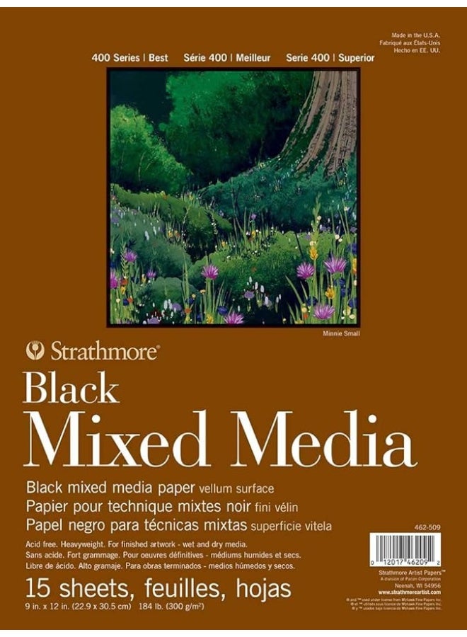 Strathmore 400 Series Mixed Media Paper Black Foldover Pad 9x12 inches 15 Sheets 184lb300g Artist Paper for Adults and Students Watercolor Gouache Graphite Ink Pencil Marker - Image 2