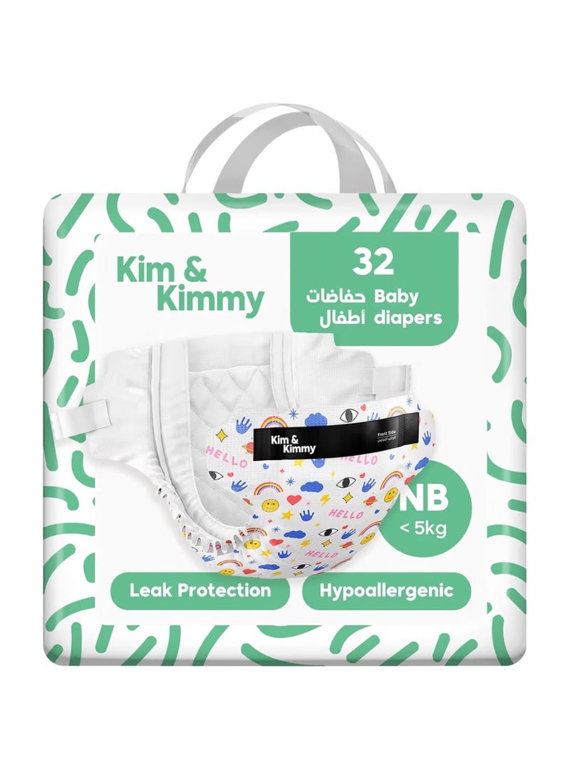 كيم آند كيمي حفاضات "كيم آند كيمي" الصديقة للبيئة - للمواليد الجدد (حتى 5 كجم) - 32 حفاضاً - حماية من التسرب لمدة 12 ساعة - تمنع الطفح الجلدي - لا تسبب الحساسية - خالية من القسوة ونباتية - بتصاميم أيقونات مرحة - Image 1