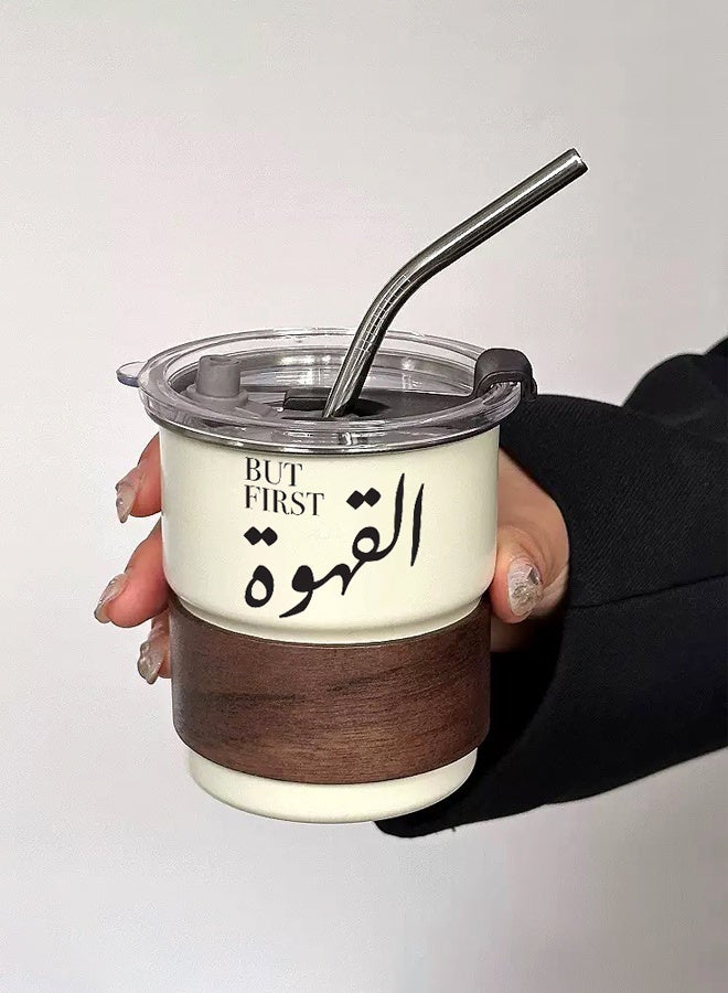 304 Stainless Steel Cold Drink Mug - Portable Coffee Mug, Unique Logo Design, Suitable for Hot and Cold Drinks, Includes Straw and Heat Resistant Lid for Home and Outdoor Camping (300ml)  - Image 1