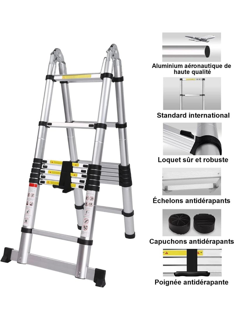 Telescopic Aluminum Ladder 5M – Foldable & Extendable, Max Load 150kg, Silver - Image 2